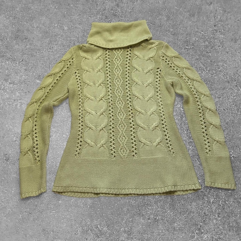 Orly Green Cable Knit Heart Diamond Pointelle Turtleneck Sweater Womens Medium